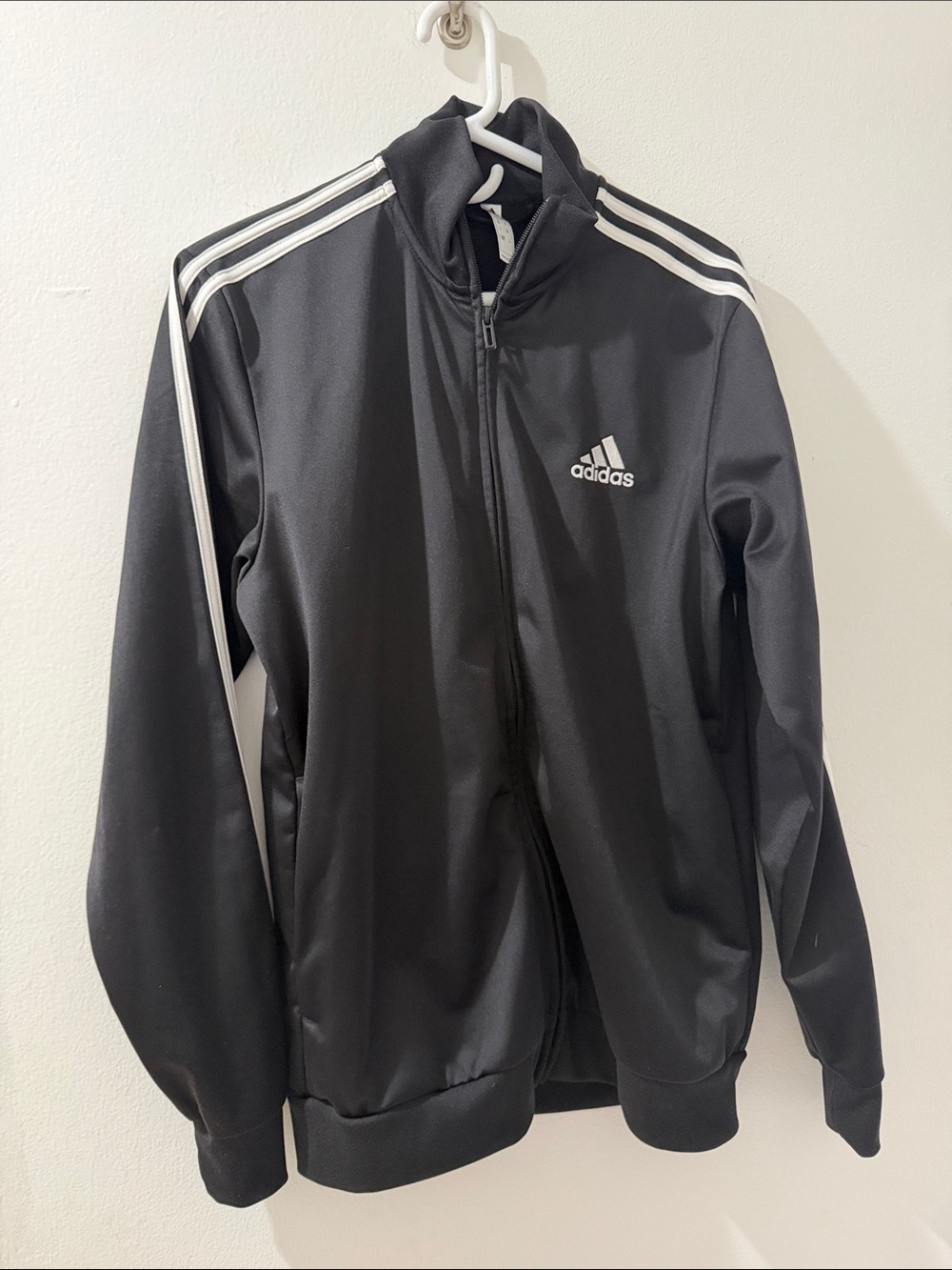 Adidas Men's Black Track Jacket with White Stripes